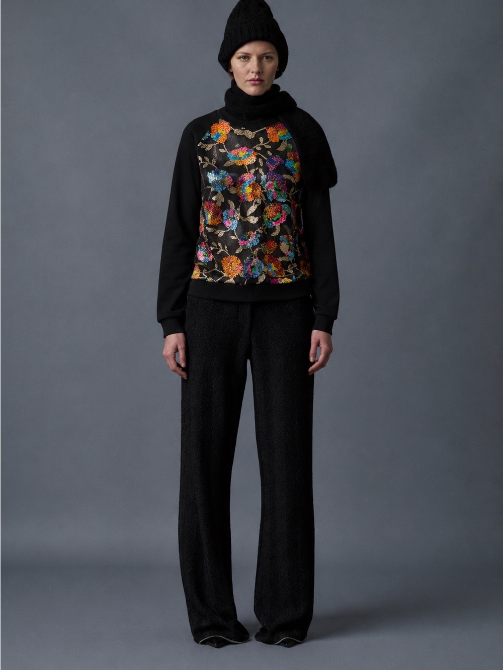 Le Superb Black Sequin Sweatshirt with Vibrant Floral Front Panel